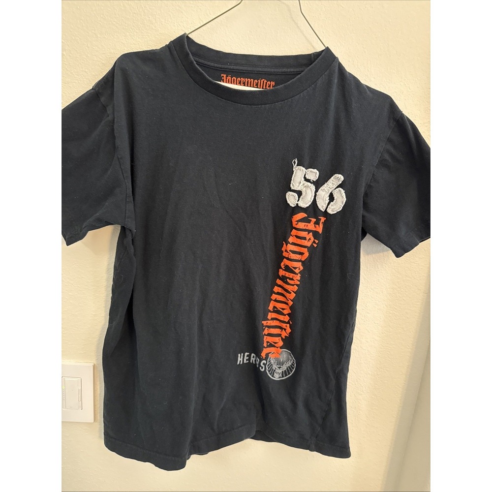 Jagermeister Mens Graphic T-Shirt Black Orange Logo 56 Applique Size Medium